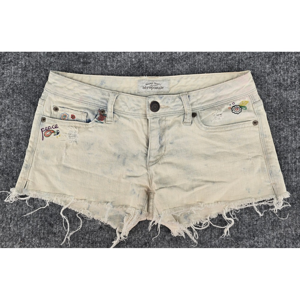 Aeropostale Denim Shorts Women's 2 Light Acid Wash Boho Embroidered Peace Hippie